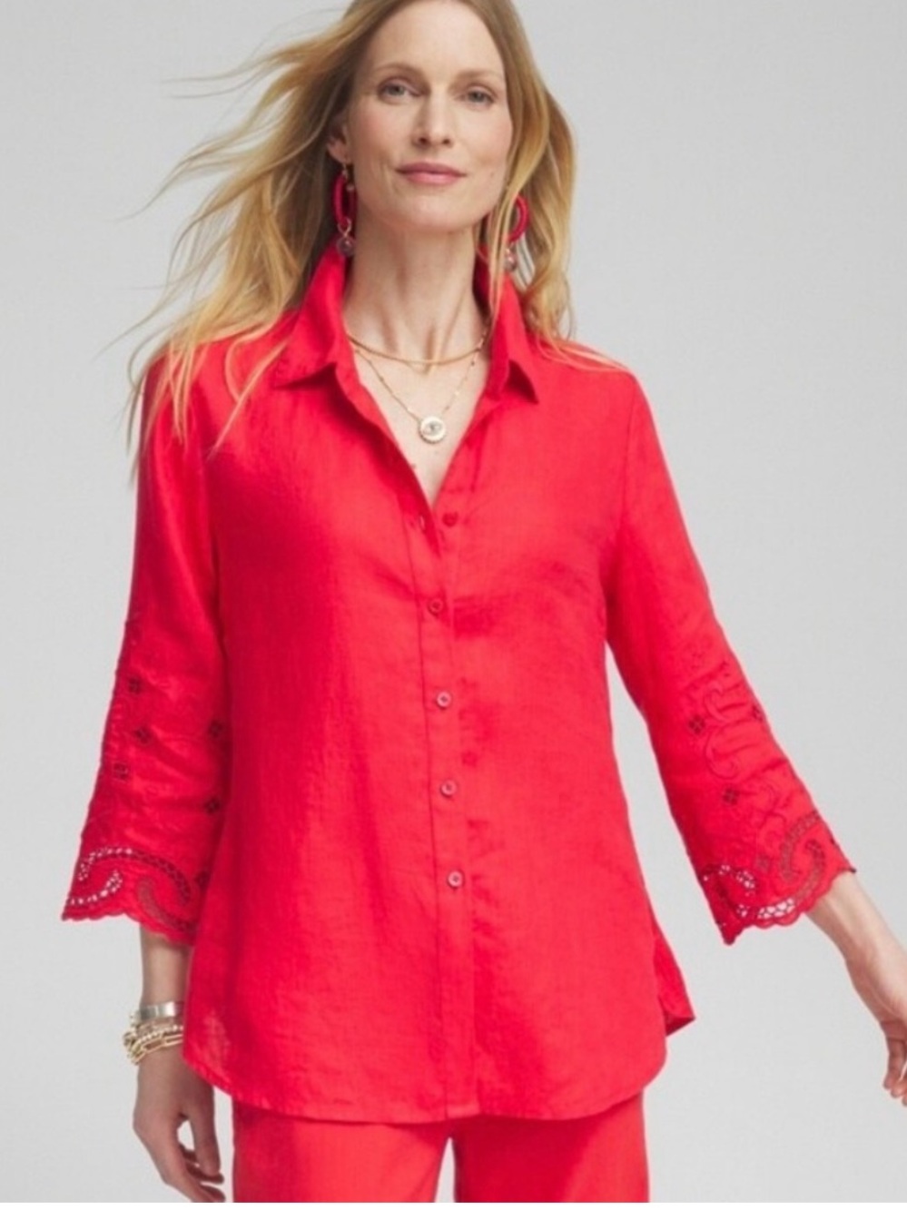 Chico's 100% Linen Red Blouse/Shirt eyelet Sleeves Buttons down